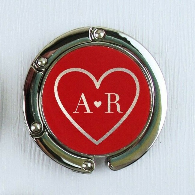 Personalised Heart with Initial Purse Handbag Bag Hook - White, Blue, Red or Black