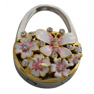Pink Flower diamonte with Mirror Hook Handbag Hooks